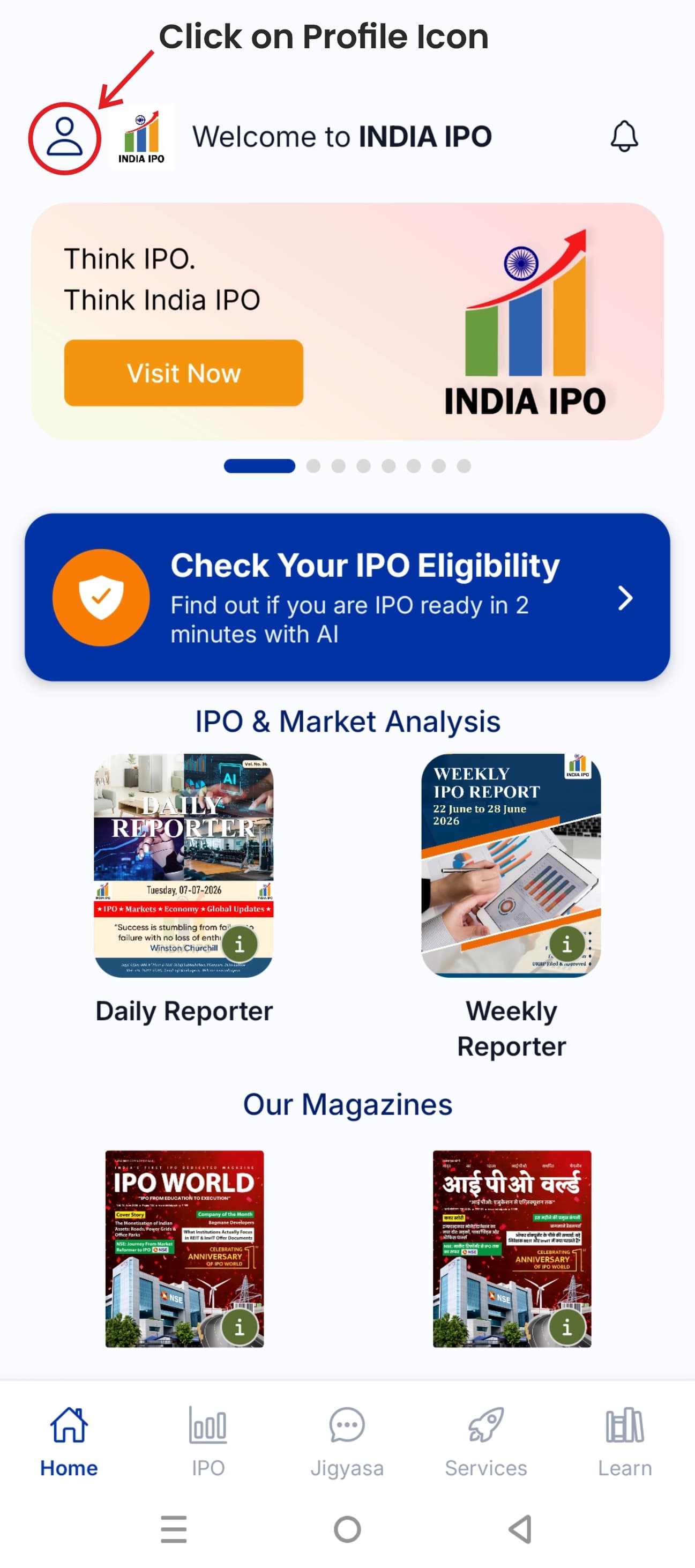 Click on Profile Icon — India IPO App