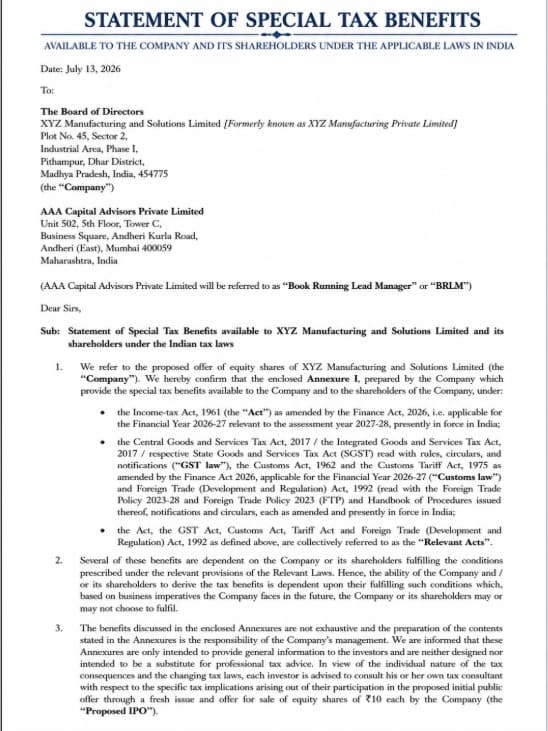 Statement of Tax Benefits Format